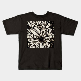 Black and White Vintage Floral Cottagecore Gothic Romantic Flower Peony Rose Leaf Design Kids T-Shirt